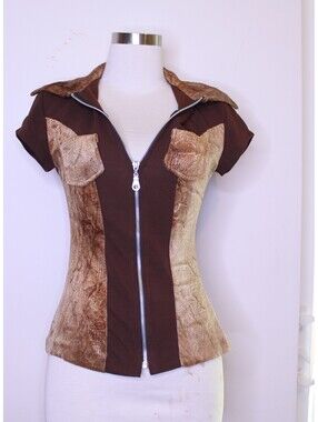 VTG Brown Animal Print Velvet Zip Up Sexy Blouse - Small